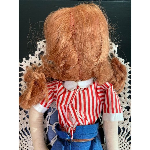 VINTAGE CLOTH DOLL - Celluloid Painted Face - 1950s - Red Hair - Green Eyes - Picture 6 of 8